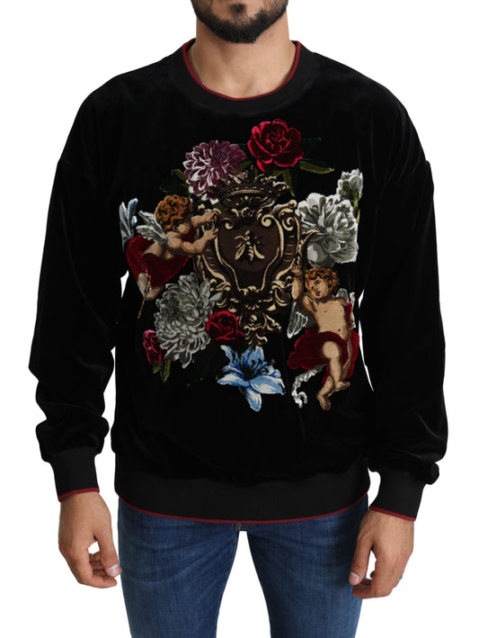 Schwarzer Samt-Engel-Pullover mit Blumen und Bienen