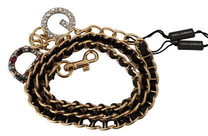 Schwarzer Leder-Goldton DG Logo-Kristalle Gürtel