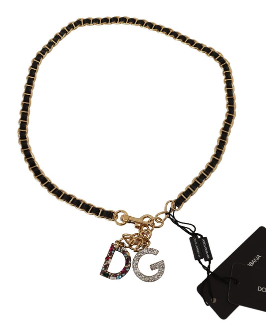 Schwarzer Leder-Goldton DG Logo-Kristalle Gürtel