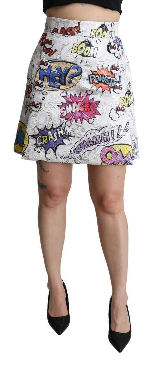 Weißer Cartoon Brokat Rock mit hoher Taille in A-Linie