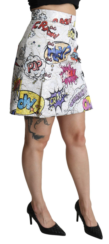 Weißer Cartoon Brokat Rock mit hoher Taille in A-Linie
