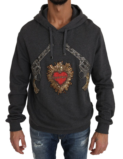 Grauer Pullover mit Kapuze und rotem Kristallherz Gun