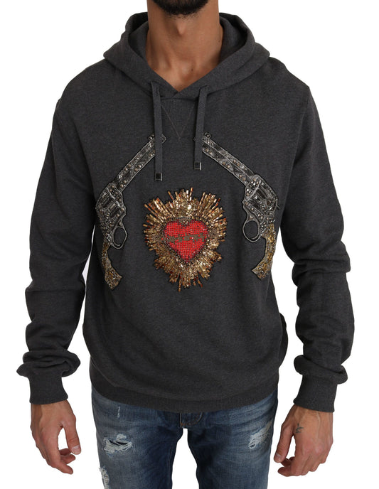 Grauer Pullover mit Kapuze und rotem Kristallherz Gun