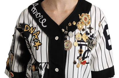 Weiß-schwarze Bluse Baumwolle Crystal Charms Amore Shirt