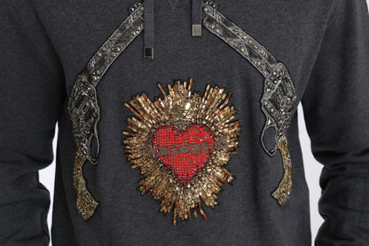 Grauer Pullover mit Kapuze und rotem Kristallherz Gun