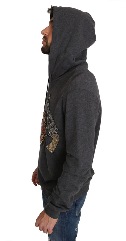 Grauer Pullover mit Kapuze und rotem Kristallherz Gun