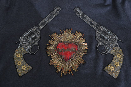 Grauer Pullover mit Kapuze und rotem Kristallherz Gun