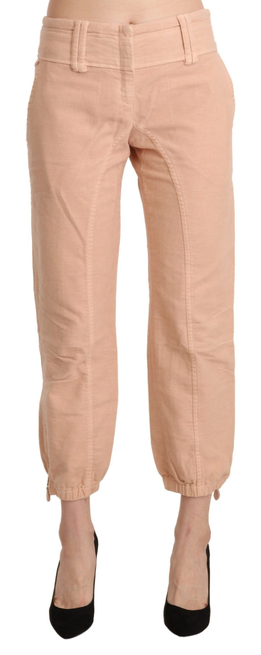 Beige Mid Waist Cropped Baumwoll-Hosenhose