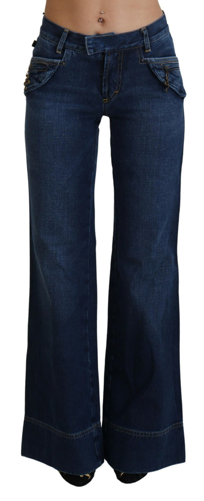 Blaue Baumwoll-Denim-Jeans mit ausgestelltem Bein und niedriger Taille