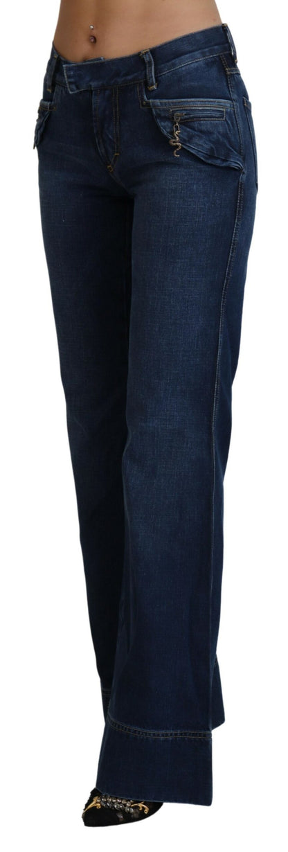 Blaue Baumwoll-Denim-Jeans mit ausgestelltem Bein und niedriger Taille