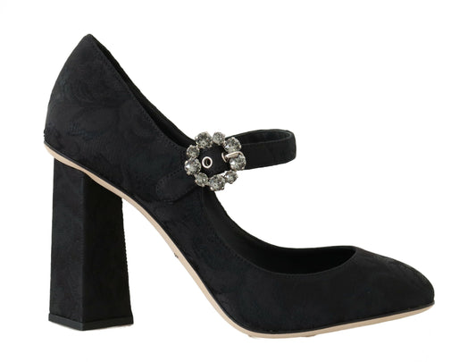 Schwarze Brokat High Heels Mary Janes Schuhe
