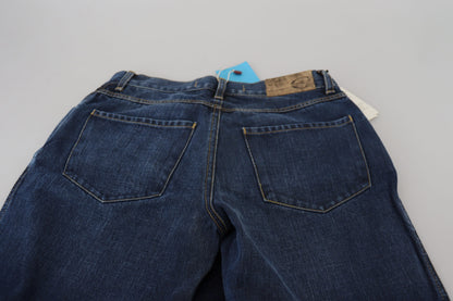 Blaue Baumwoll-Denim-Jeans mit ausgestelltem Bein und niedriger Taille
