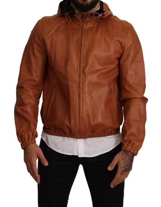 Braunes Leder Lammfell Kapuzenmantel Jacke