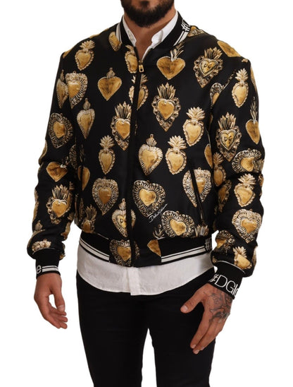 Schwarzer Seidenmantel Sacred Heart Bomberjacke