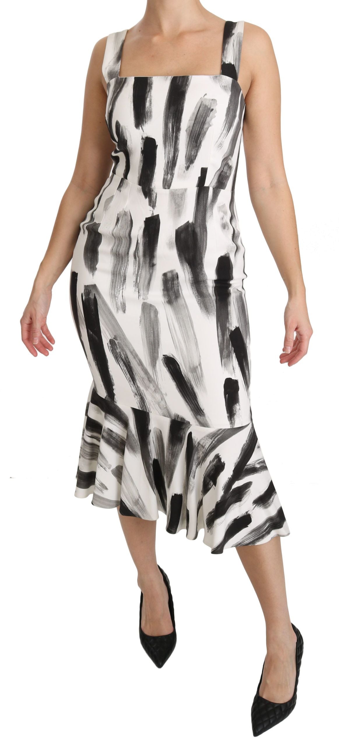 Weißes, schwarzes, bedrucktes Midi-Kleid aus Viskose