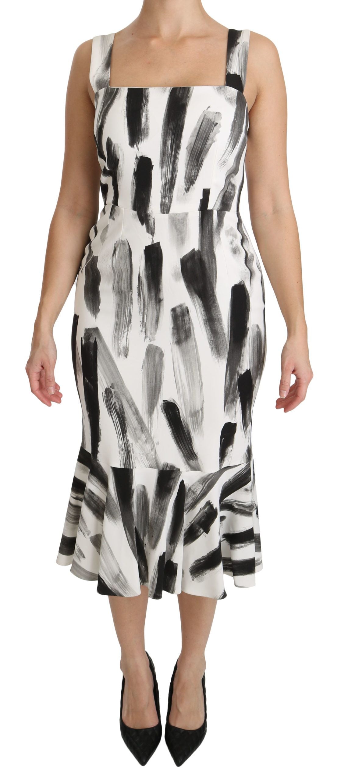 Weißes, schwarzes, bedrucktes Midi-Kleid aus Viskose