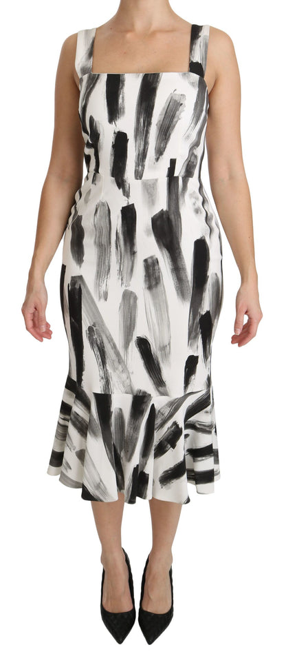 Weißes, schwarzes, bedrucktes Midi-Kleid aus Viskose