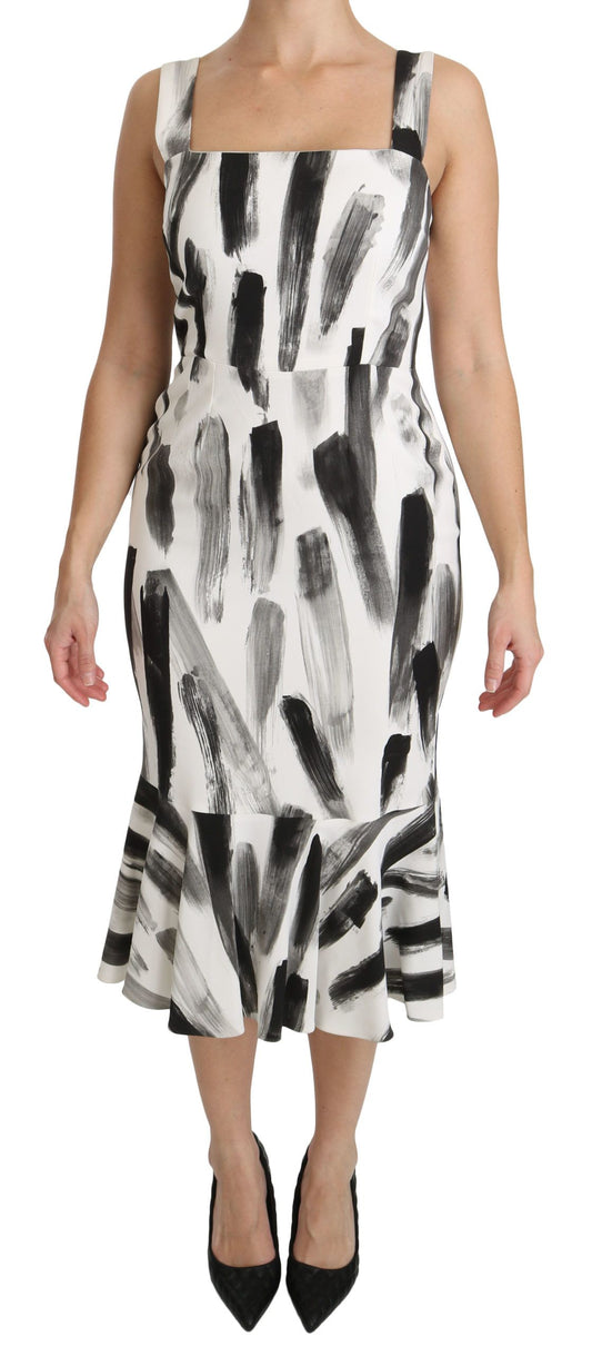 Weißes, schwarzes, bedrucktes Midi-Kleid aus Viskose