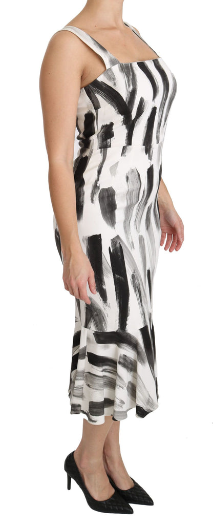 Weißes, schwarzes, bedrucktes Midi-Kleid aus Viskose
