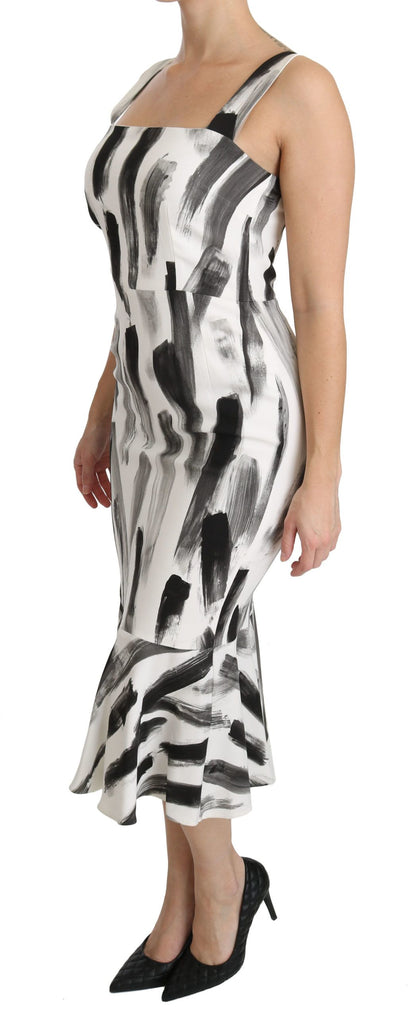 Weißes, schwarzes, bedrucktes Midi-Kleid aus Viskose