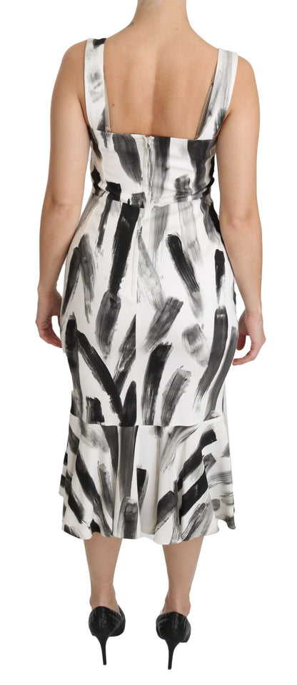 Weißes, schwarzes, bedrucktes Midi-Kleid aus Viskose