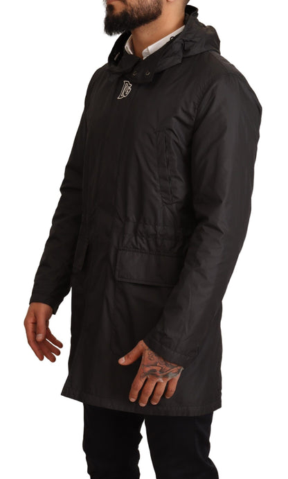 Schwarzer Polyester Parka Mantel mit Kapuze Jacke