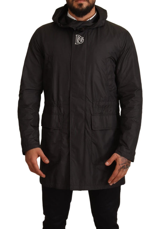 Schwarzer Polyester Parka Mantel mit Kapuze Jacke