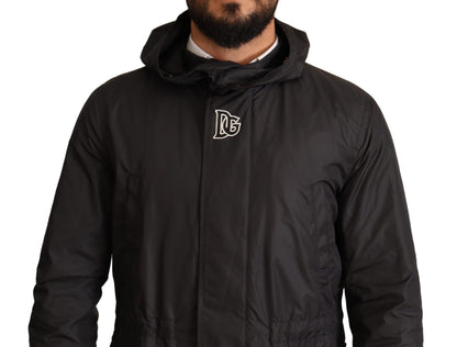 Schwarzer Polyester Parka Mantel mit Kapuze Jacke