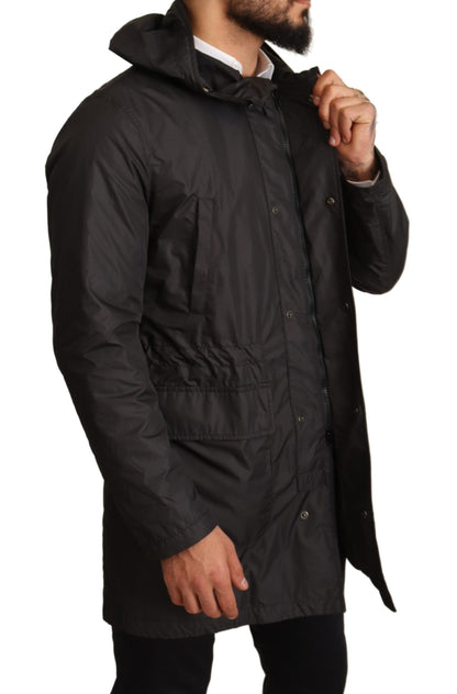 Schwarzer Polyester Parka Mantel mit Kapuze Jacke