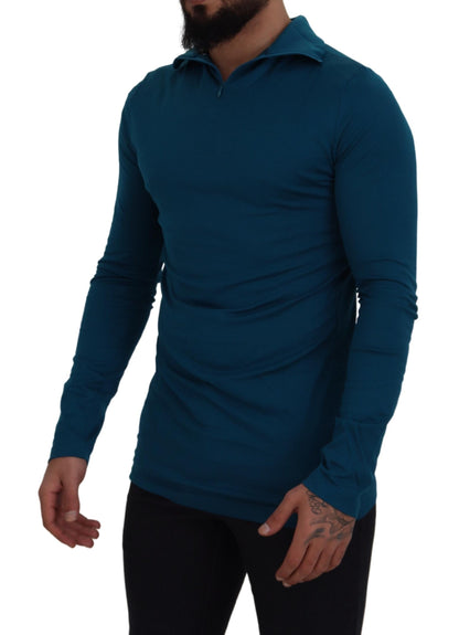 Blauer Baumwollpullover mit Kragen Schlanker Pullover