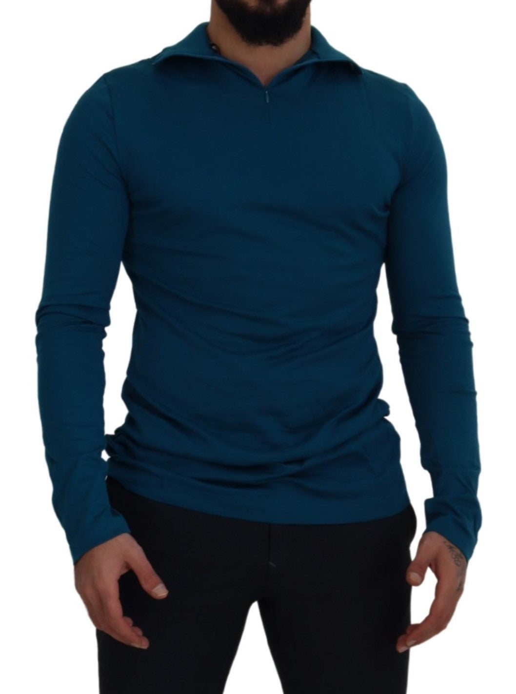Blauer Baumwollpullover mit Kragen Schlanker Pullover