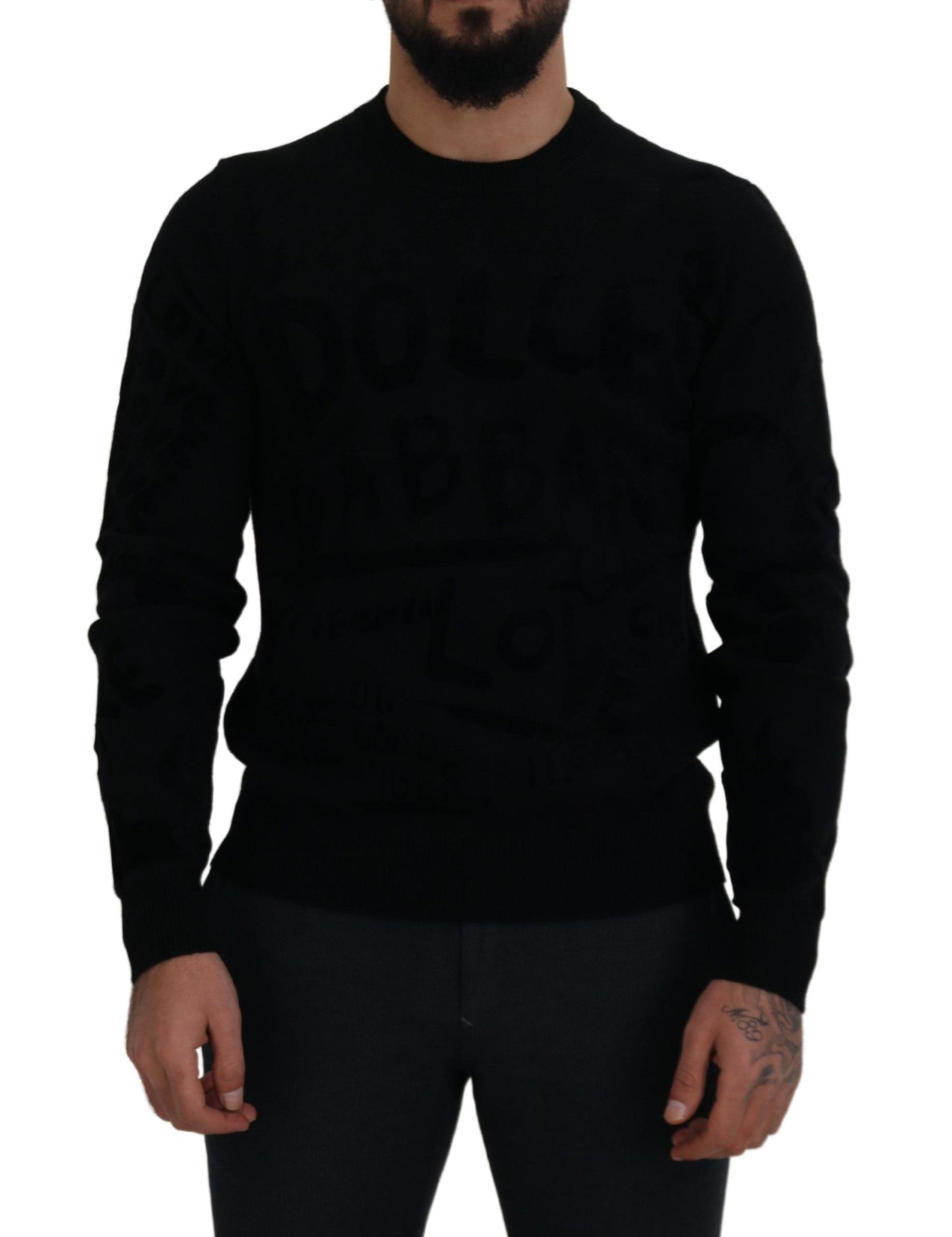 Schwarzer Wollpullover mit Logo-Muster und Rundhalsausschnitt