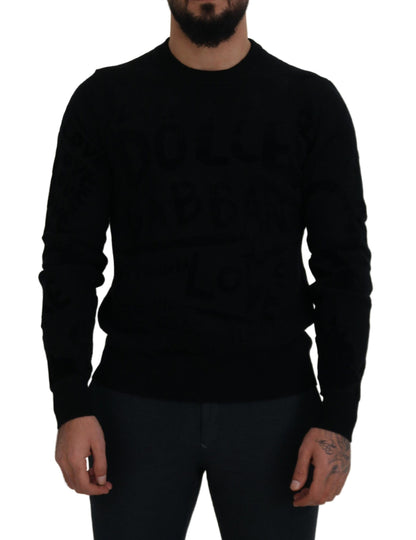 Schwarzer Wollpullover mit Logo-Muster und Rundhalsausschnitt