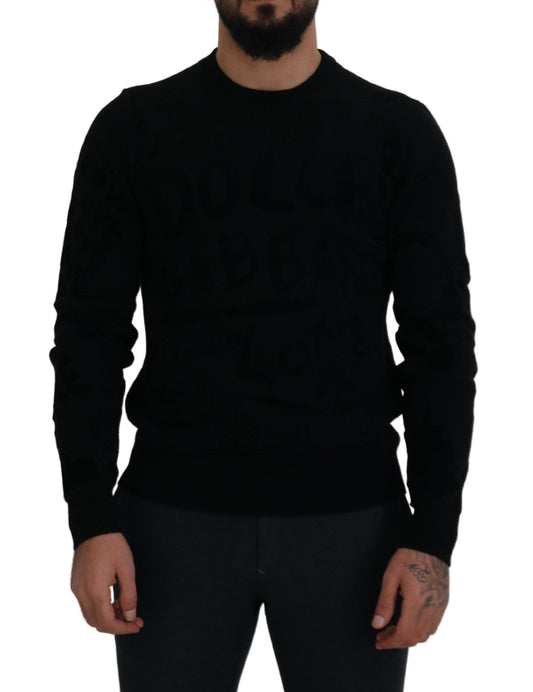 Schwarzer Wollpullover mit Logo-Muster und Rundhalsausschnitt