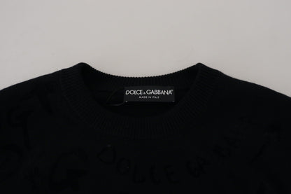 Schwarzer Wollpullover mit Logo-Muster und Rundhalsausschnitt