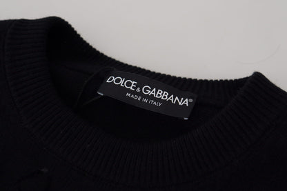 Schwarzer Wollpullover mit Logo-Muster und Rundhalsausschnitt