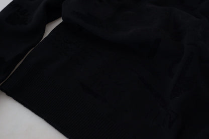 Schwarzer Wollpullover mit Logo-Muster und Rundhalsausschnitt