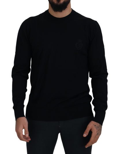 Schwarzer Pullover aus Schurwolle mit Rundhalsausschnitt