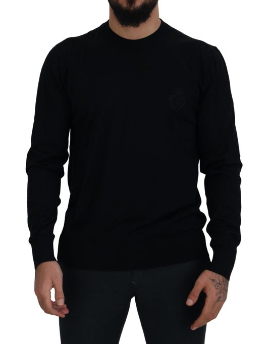 Schwarzer Pullover aus Schurwolle mit Rundhalsausschnitt