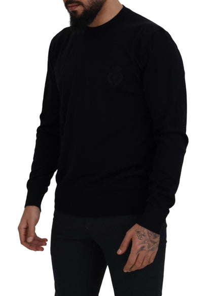 Schwarzer Pullover aus Schurwolle mit Rundhalsausschnitt