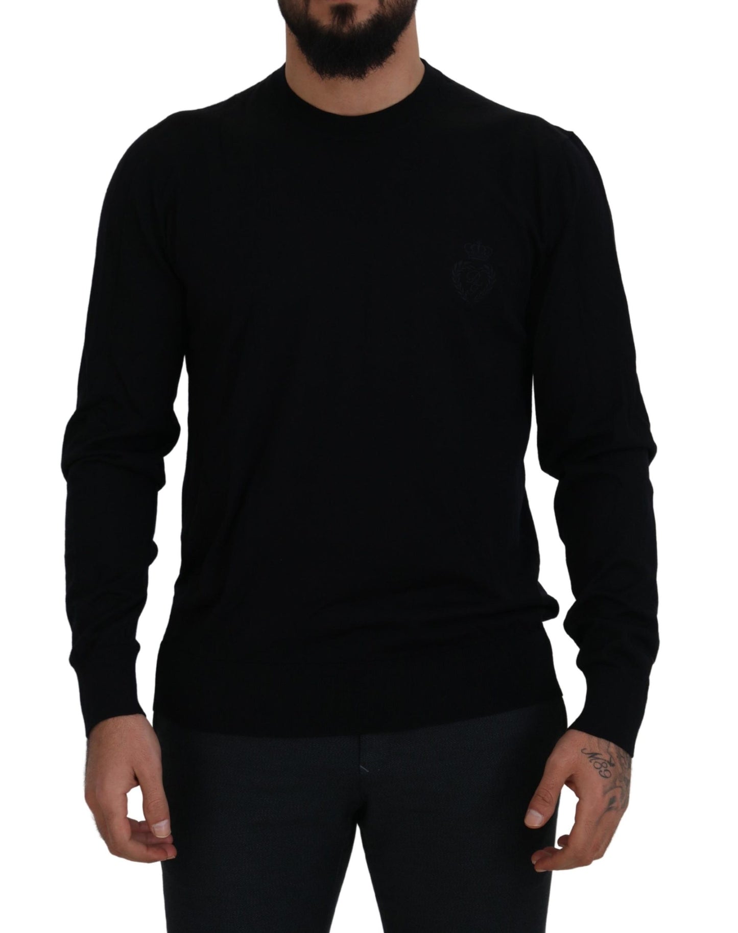 Schwarzer Pullover aus Schurwolle mit Rundhalsausschnitt