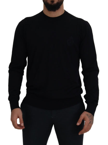 Schwarzer Pullover aus Schurwolle mit Rundhalsausschnitt