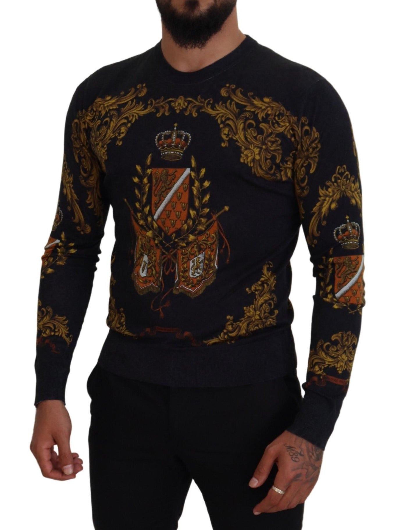 Grauer Seidenpullover mit Barockmotiv