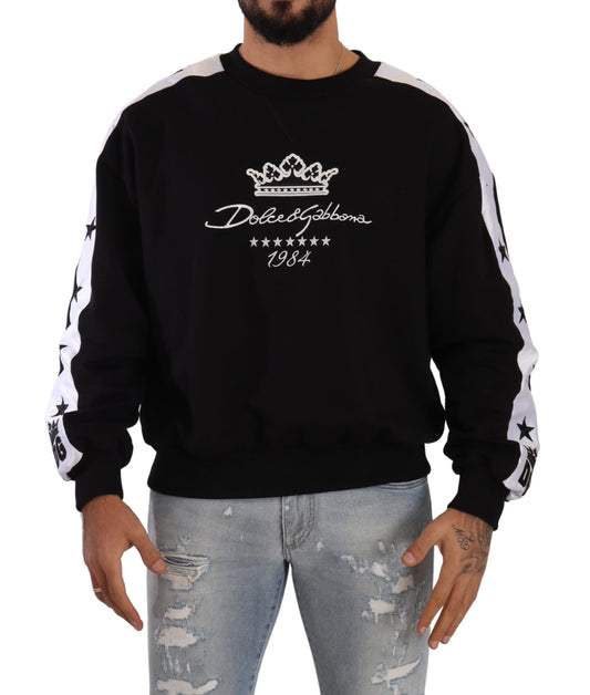 Schwarzer Baumwoll-Crewneck-Pullover Krone 1984 Sterne Schwarz