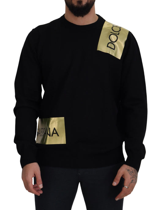 Pullover mit Rundhalsausschnitt aus schwarzer Wolle und goldenem Logo