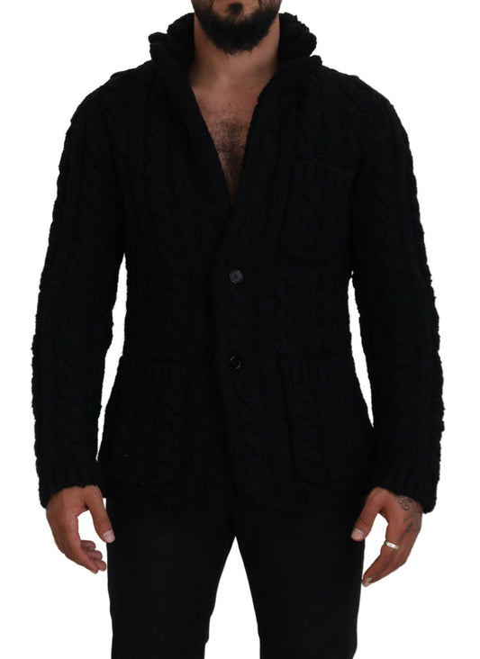 Schwarzer Wollstrickpullover mit Knopfleiste