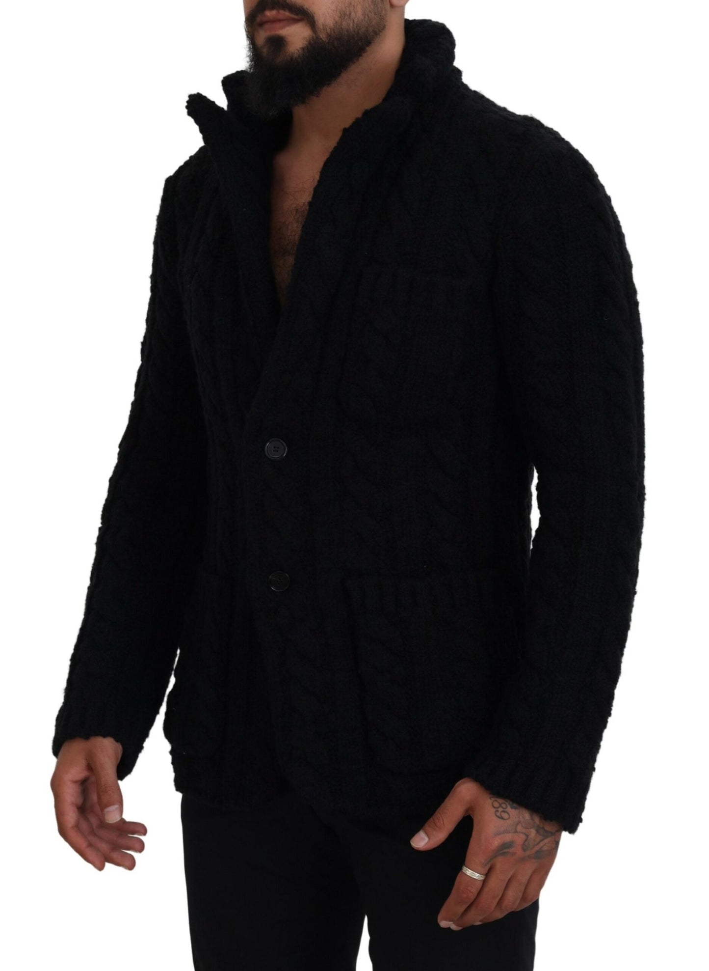 Schwarzer Wollstrickpullover mit Knopfleiste