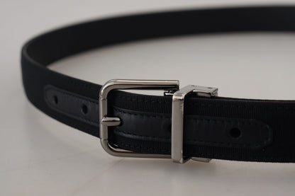 Schwarzer Grosgrain-Leder-Gürtel mit Silberschnalle