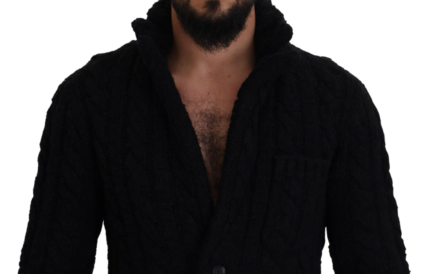 Schwarzer Wollstrickpullover mit Knopfleiste