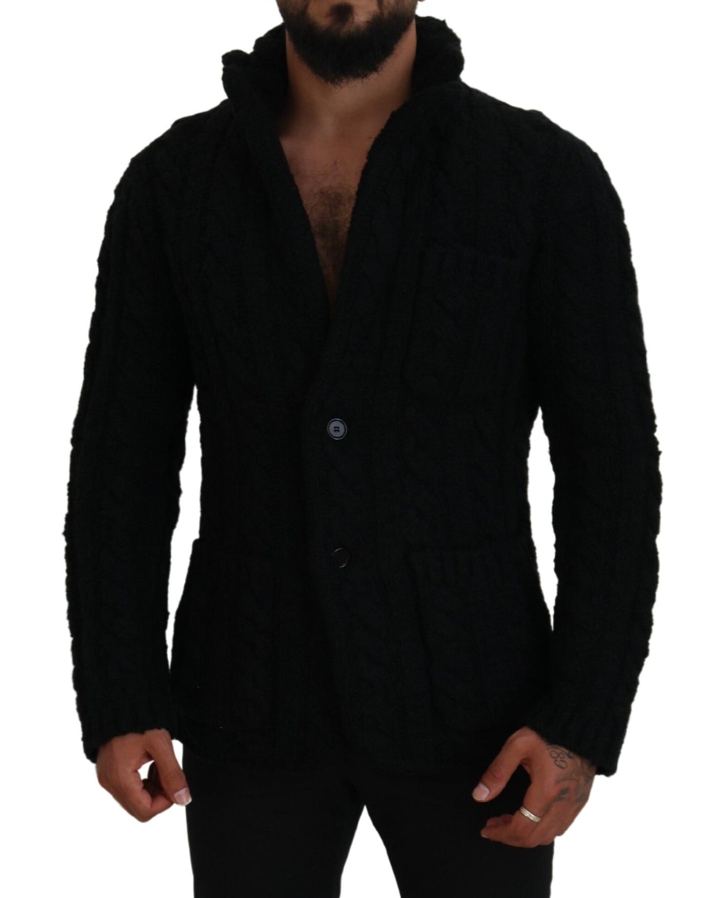 Schwarzer Wollstrickpullover mit Knopfleiste